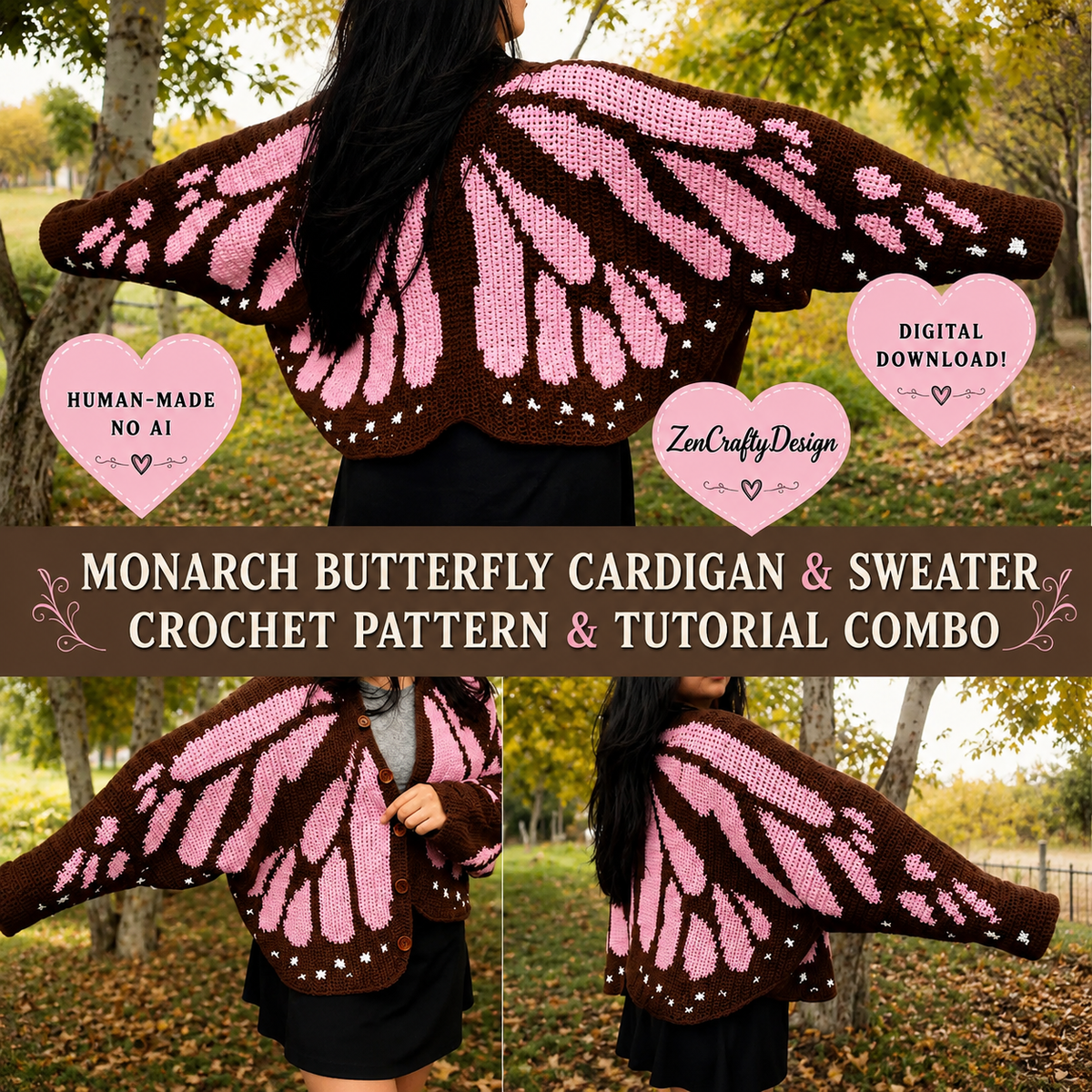 Monarch Butterfly Cardigan Crochet Pattern PDF | Beginner Wing Sweater | XS–4XL