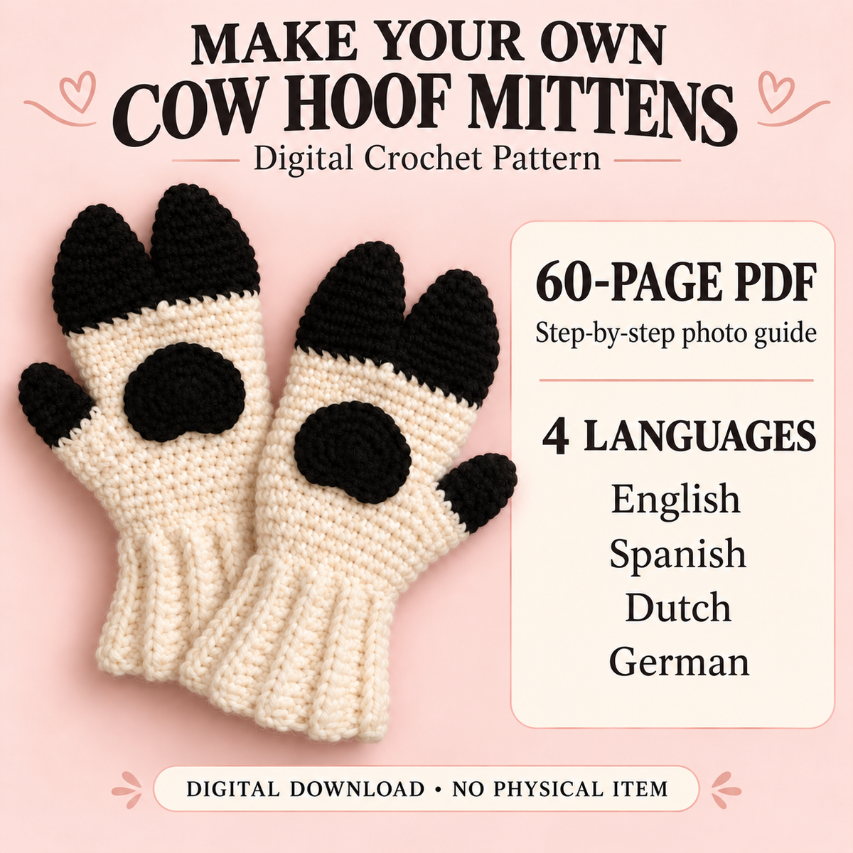 Cow Hoof Mittens Crochet Pattern – 60-Page Photo PDF | English, Spanish, Dutch & German