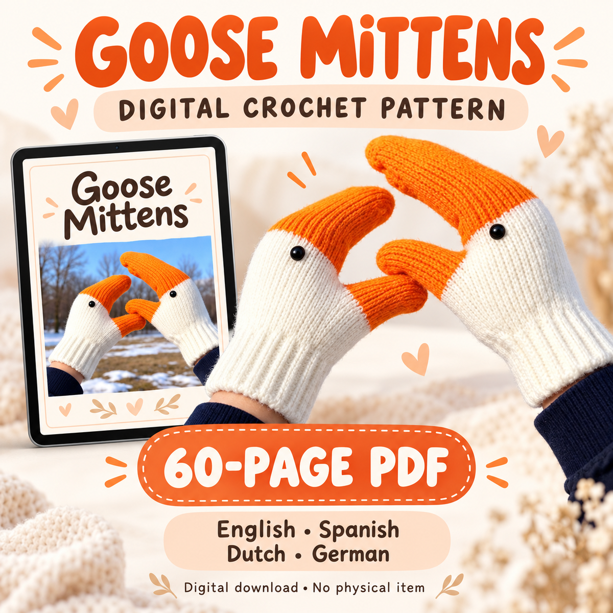 Goose Mittens Crochet Pattern PDF – 60 Pages | English, Spanish, Dutch & German
